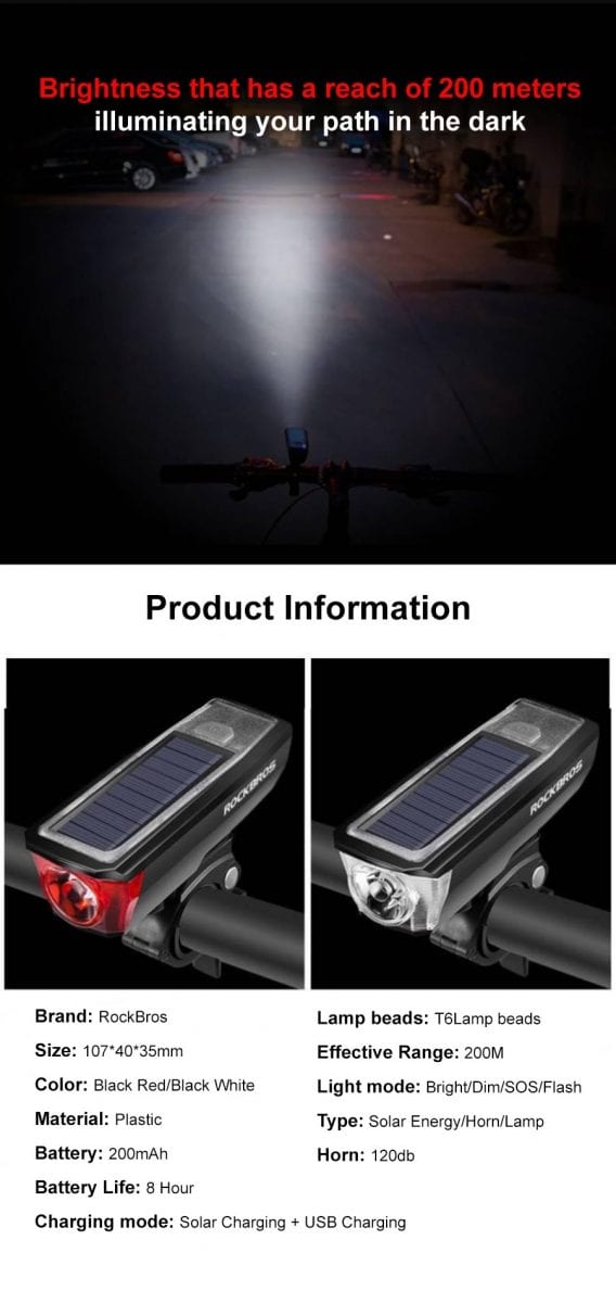 ROCKBROS Solar Panel Bicycle Front Light with Horn HJ-052 Red
