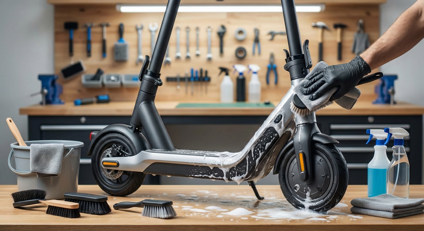 electric scooter undercarriage cleaning with brush and fender debris removal